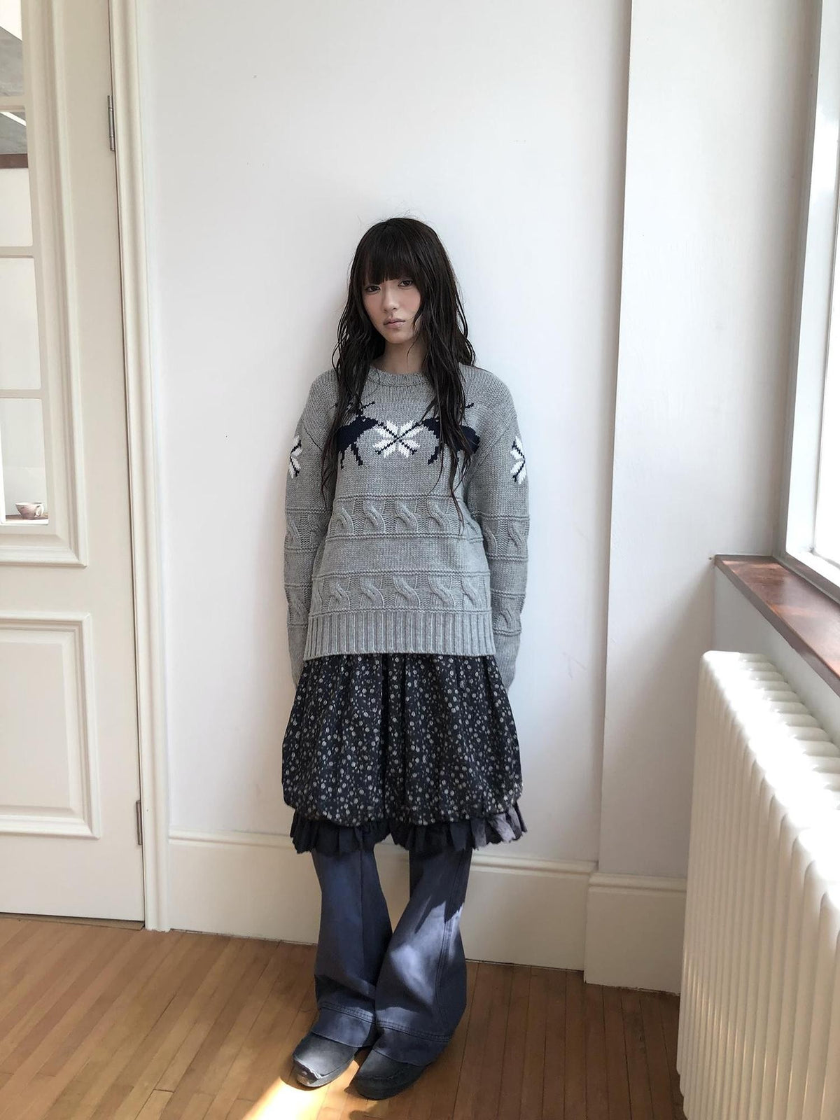 ang project Fair Isle Deer Jacquard Crewneck Pullover Women&