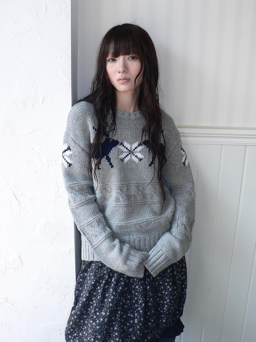 ang project Fair Isle Deer Jacquard Crewneck Pullover Women&