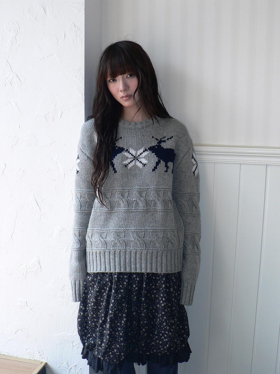 ang project Fair Isle Deer Jacquard Crewneck Pullover Women&
