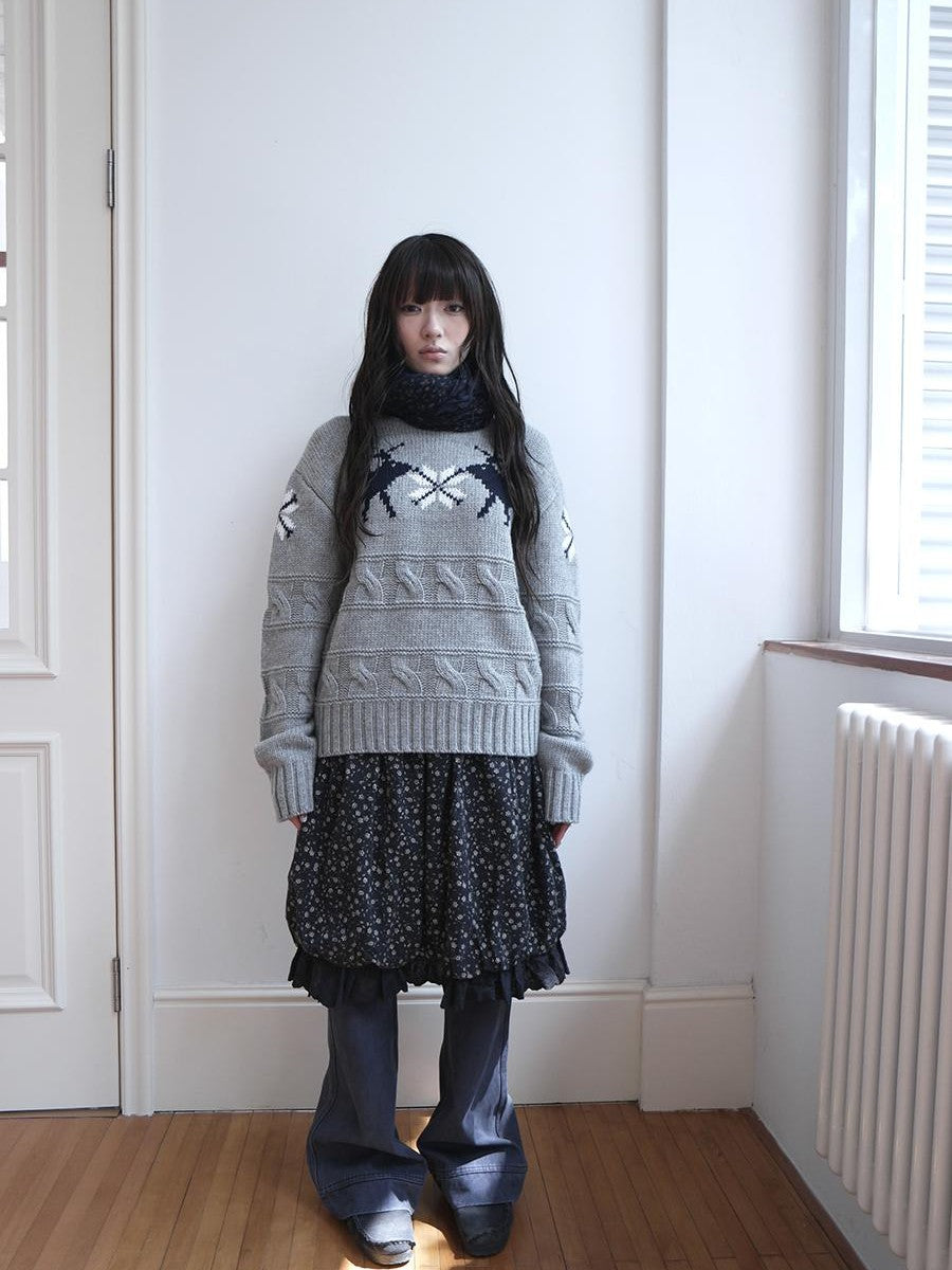 ang project Fair Isle Deer Jacquard Crewneck Pullover Women&