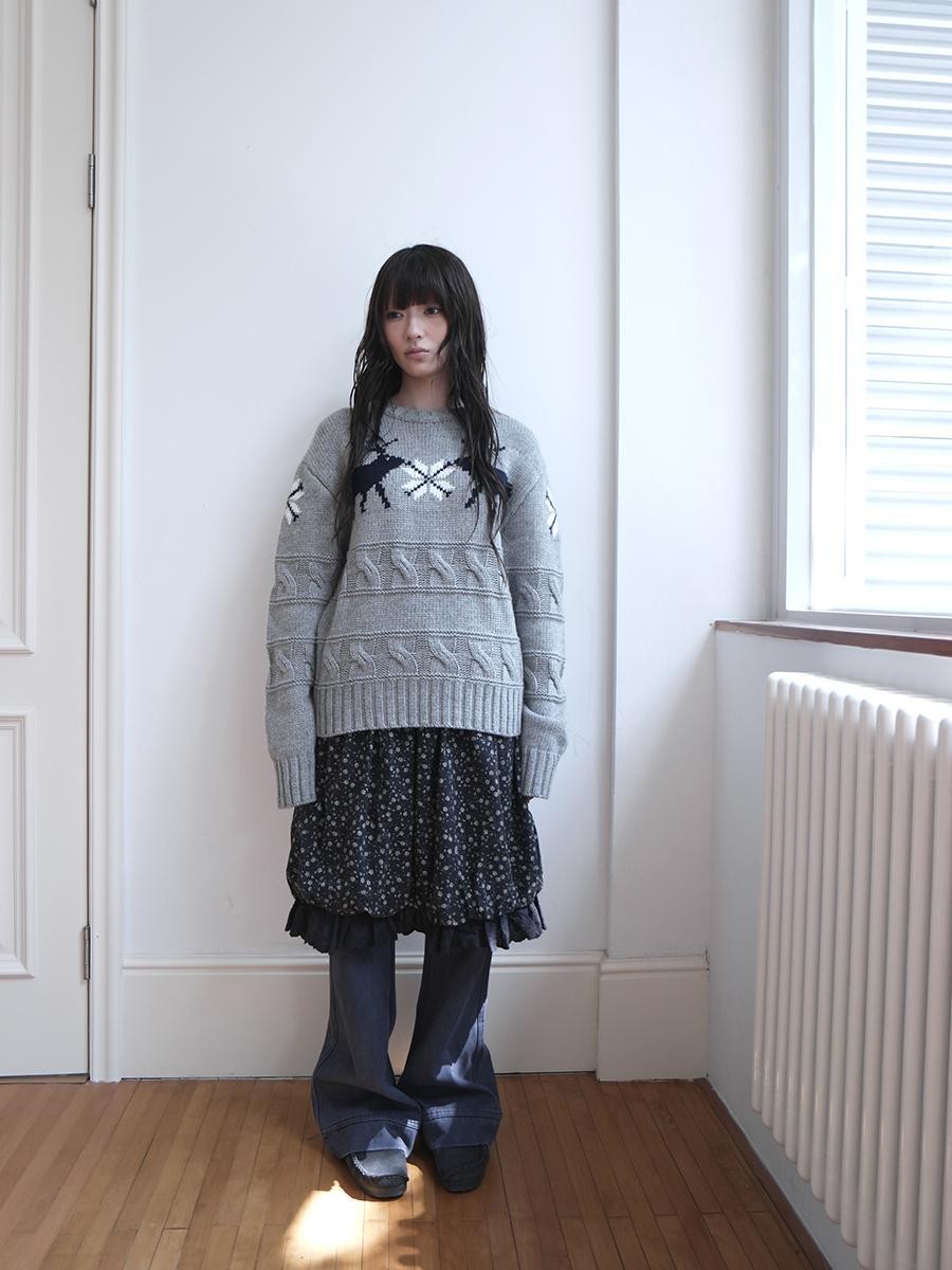 ang project Fair Isle Deer Jacquard Crewneck Pullover Women&