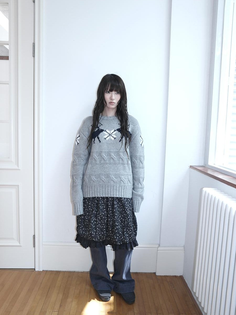 ang project Fair Isle Deer Jacquard Crewneck Pullover Women&