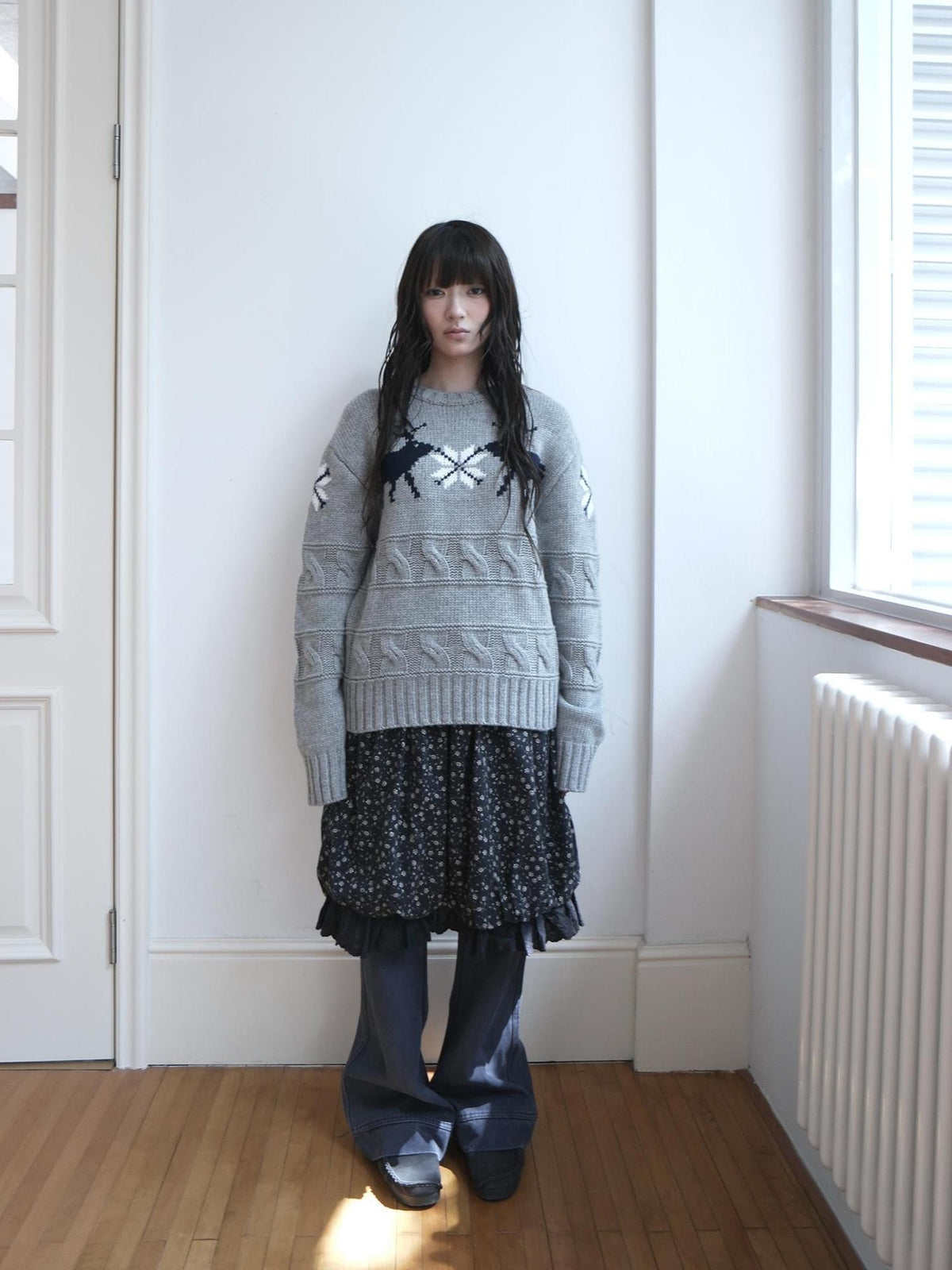 ang project Fair Isle Deer Jacquard Crewneck Pullover Women&