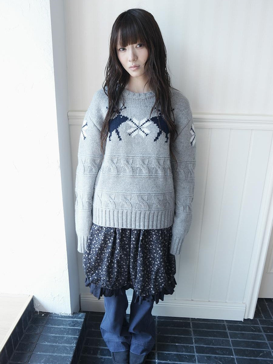 ang project Fair Isle Deer Jacquard Crewneck Pullover Women&