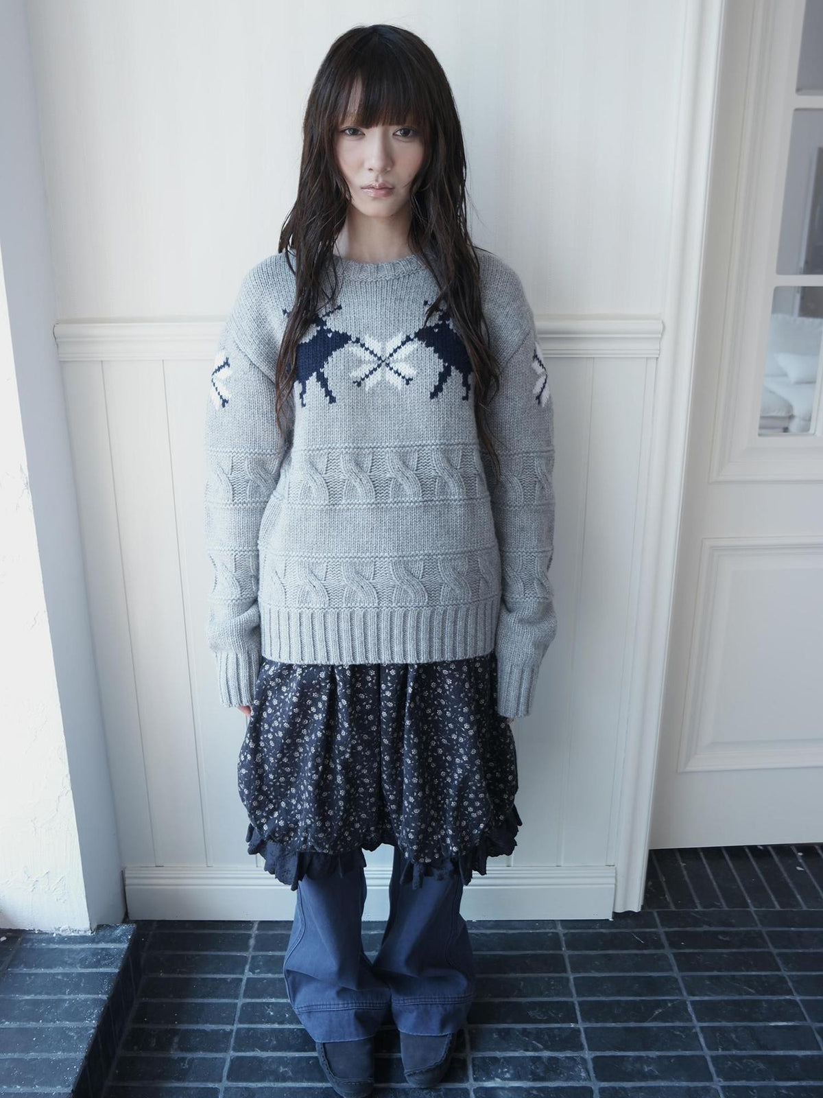 ang project Fair Isle Deer Jacquard Crewneck Pullover Women&