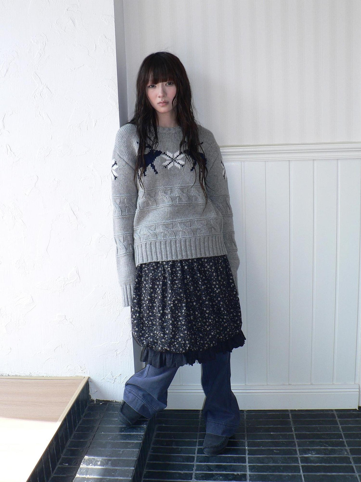 ang project Fair Isle Deer Jacquard Crewneck Pullover Women&