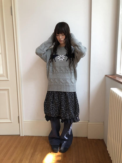 ang project Fair Isle Deer Jacquard Crewneck Pullover Women&