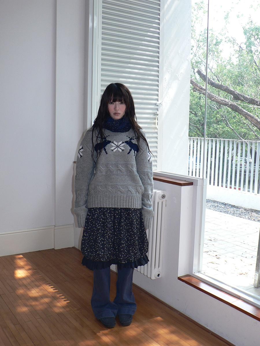 ang project Fair Isle Deer Jacquard Crewneck Pullover Women&
