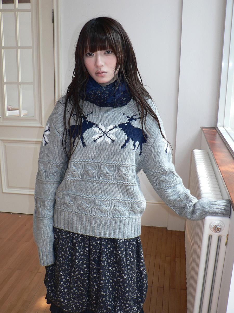 ang project Fair Isle Deer Jacquard Crewneck Pullover Women&