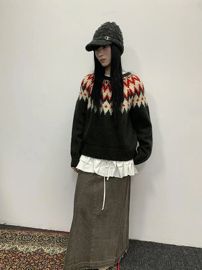 Fair Isle Knit Sweater Women Autumn Winter Vintage Loose Fit Thick Warm