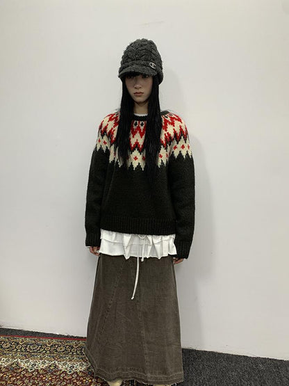 Updateang project Fair Isle Knit Sweater Women Autumn Winter Vintage Loose Fit Thick Warm