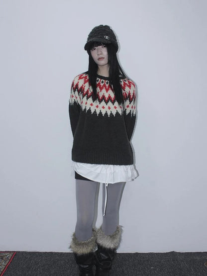 Fair Isle Knit Sweater Women Autumn Winter Vintage Loose Fit Thick Warm