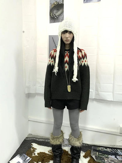 Fair Isle Knit Sweater Women Autumn Winter Vintage Loose Fit Thick Warm