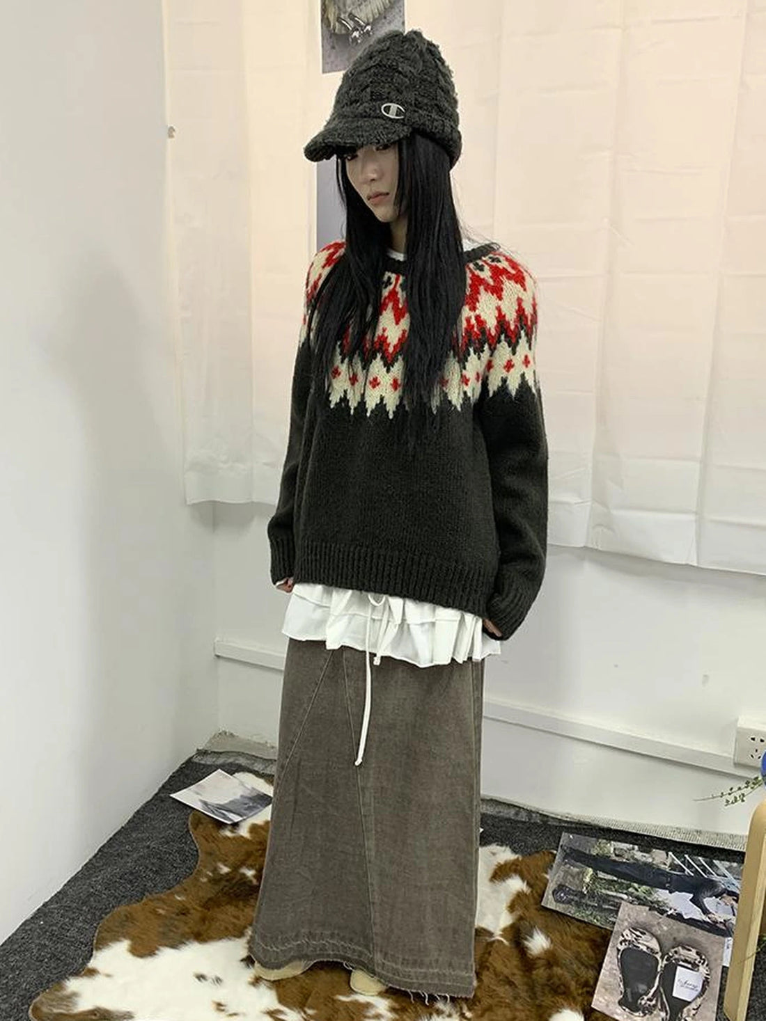 Fair Isle Knit Sweater Women Autumn Winter Vintage Loose Fit Thick Warm