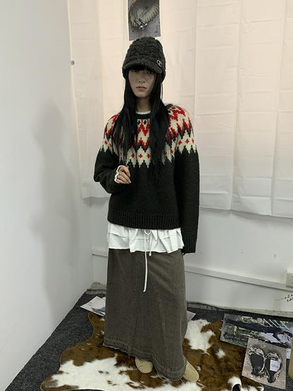 Updateang project Fair Isle Knit Sweater Women Autumn Winter Vintage Loose Fit Thick Warm