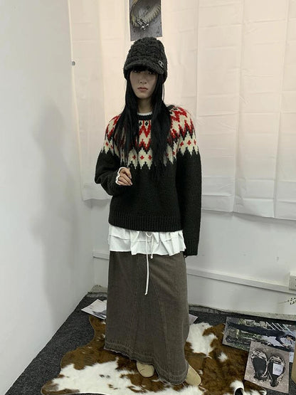 Fair Isle Knit Sweater Women Autumn Winter Vintage Loose Fit Thick Warm