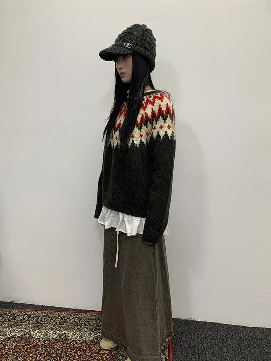 Fair Isle Knit Sweater Women Autumn Winter Vintage Loose Fit Thick Warm
