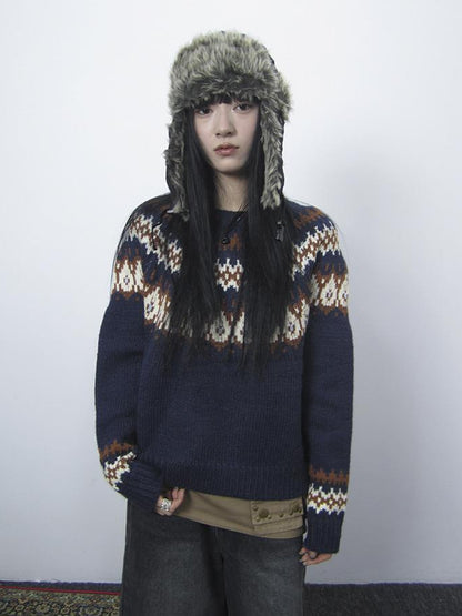 Updateang project Fair Isle Knit Sweater Women Vintage Winter Blue Loose