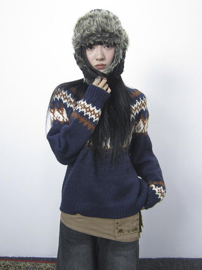 Updateang project Fair Isle Knit Sweater Women Vintage Winter Blue Loose