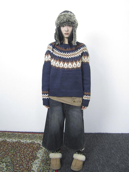Updateang project Fair Isle Knit Sweater Women Vintage Winter Blue Loose