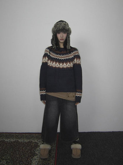 Updateang project Fair Isle Knit Sweater Women Vintage Winter Blue Loose