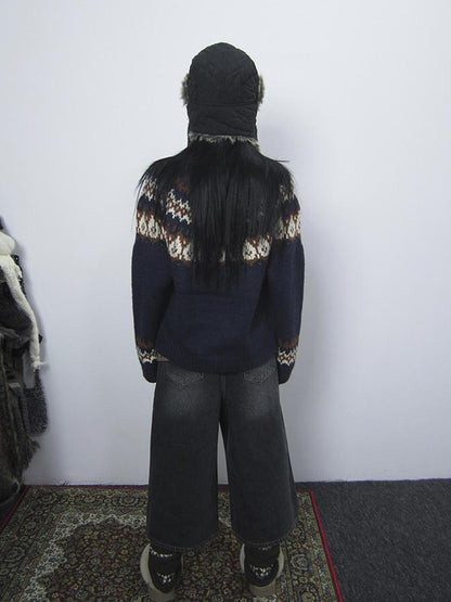 Updateang project Fair Isle Knit Sweater Women Vintage Winter Blue Loose