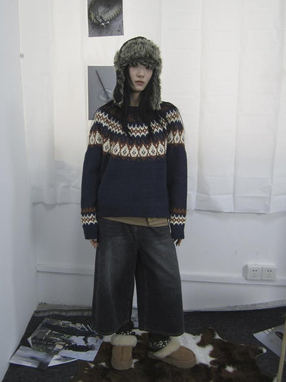 Updateang project Fair Isle Knit Sweater Women Vintage Winter Blue Loose