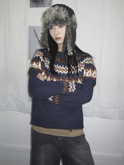 Updateang project Fair Isle Knit Sweater Women Vintage Winter Blue Loose