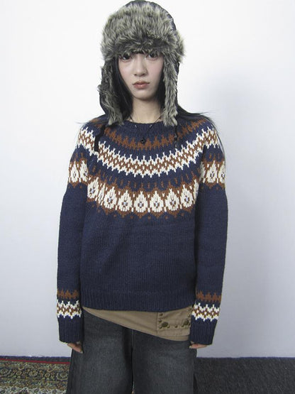 Updateang project Fair Isle Knit Sweater Women Vintage Winter Blue Loose