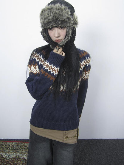 Updateang project Fair Isle Knit Sweater Women Vintage Winter Blue Loose