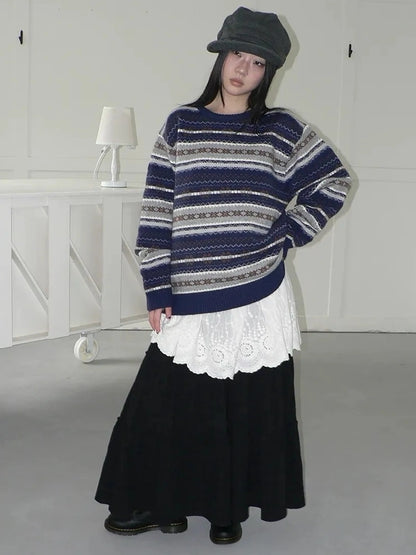 ang project Fair Isle Striped Knit Sweater V-neck T-shirt Long Sleeve Sweater