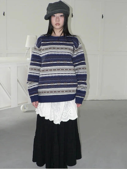 ang project Fair Isle Striped Knit Sweater V-neck T-shirt Long Sleeve Sweater