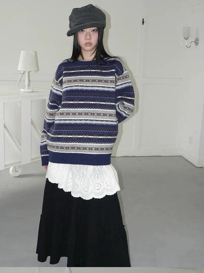 ang project Fair Isle Striped Knit Sweater V-neck T-shirt Long Sleeve Sweater