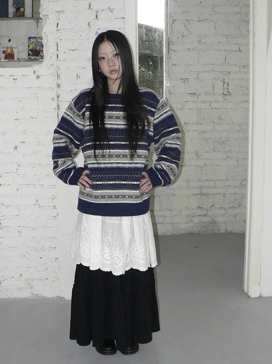 ang project Fair Isle Striped Knit Sweater V-neck T-shirt Long Sleeve Sweater