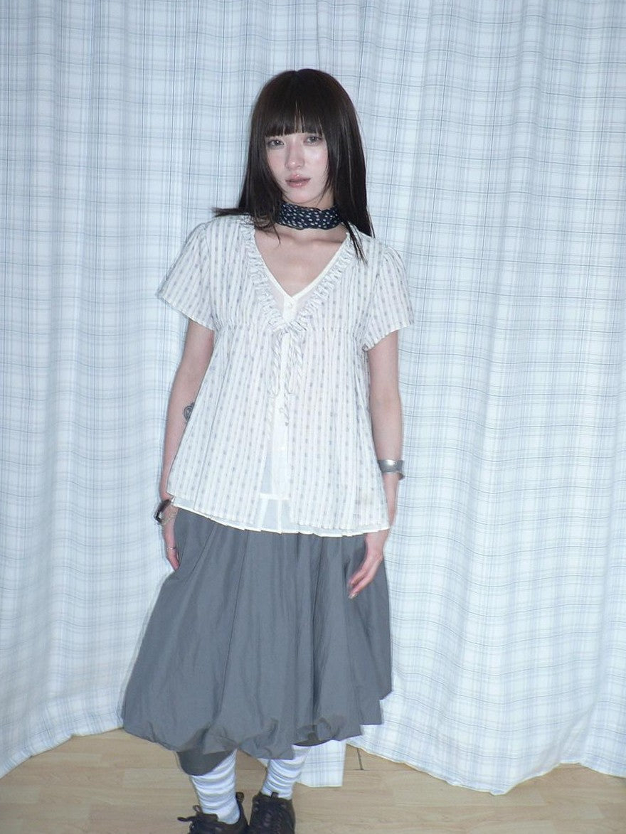 ang project Fake Two Piece V-neck Plaid Stripe Ruffle Tie Women&