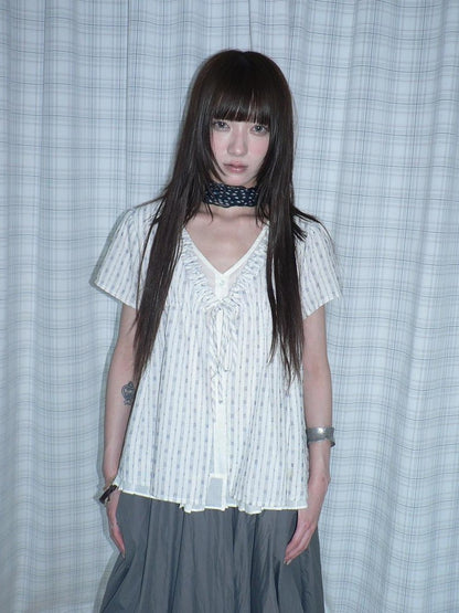 ang project Fake Two Piece V-neck Plaid Stripe Ruffle Tie Women&