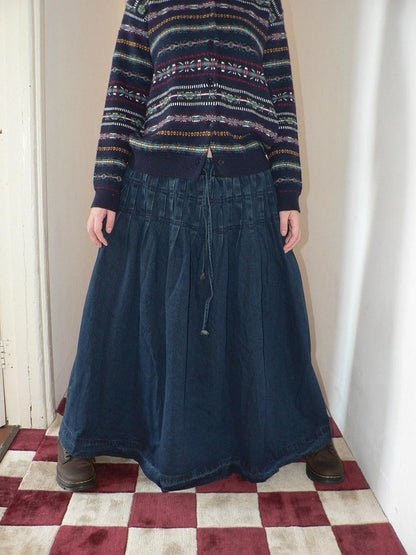 ang project Fleece Lined Cotton Vintage A Line Pleated Loose Women Casual Maxi Skirt