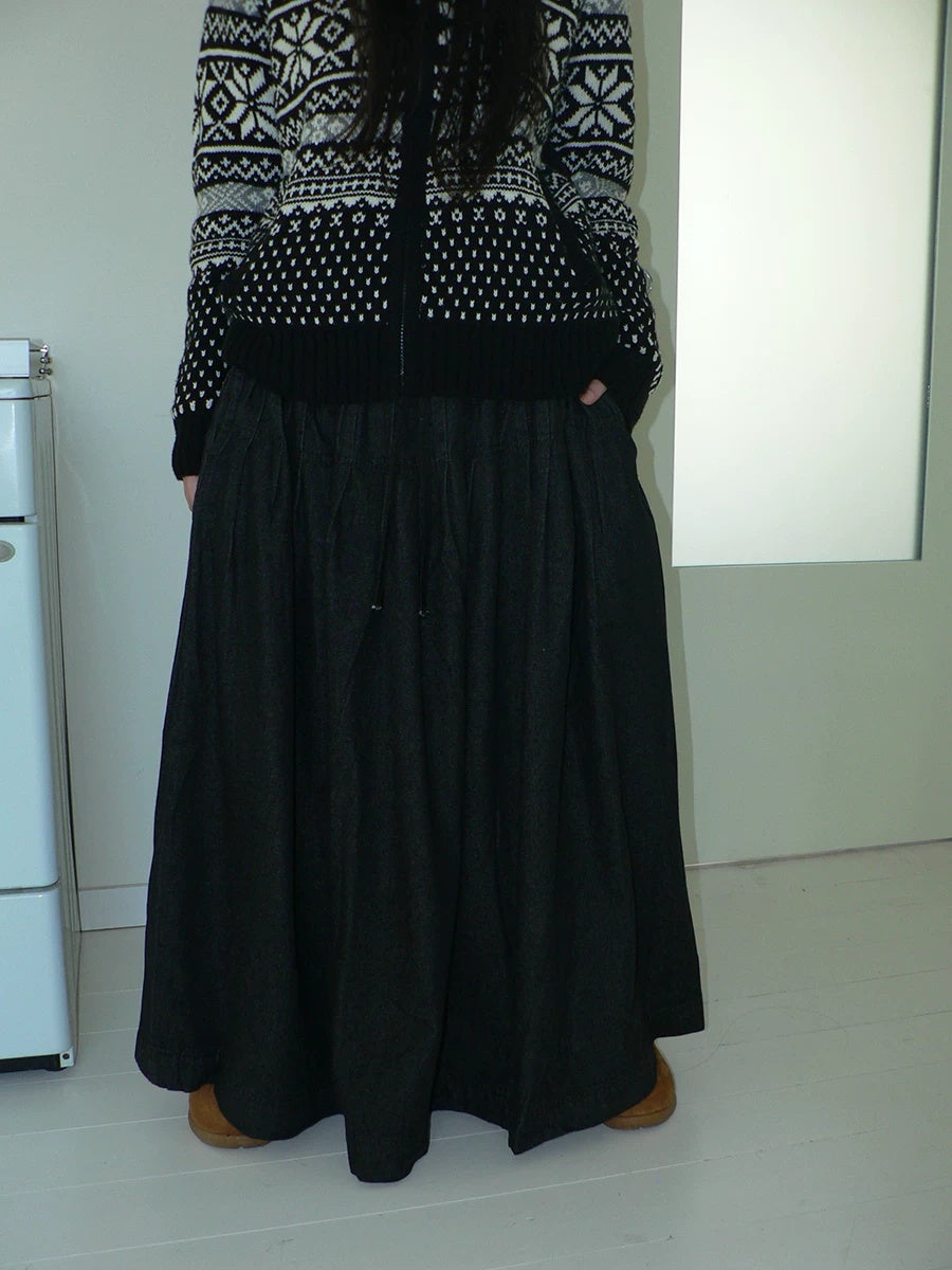 ang project Fleece Lined Cotton Vintage A Line Pleated Loose Women Casual Maxi Skirt
