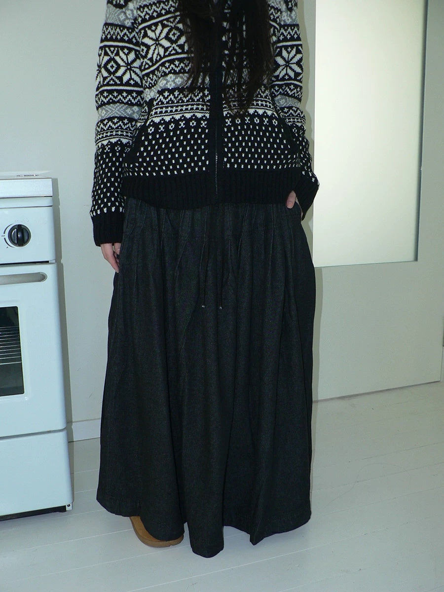ang project Fleece Lined Cotton Vintage A Line Pleated Loose Women Casual Maxi Skirt