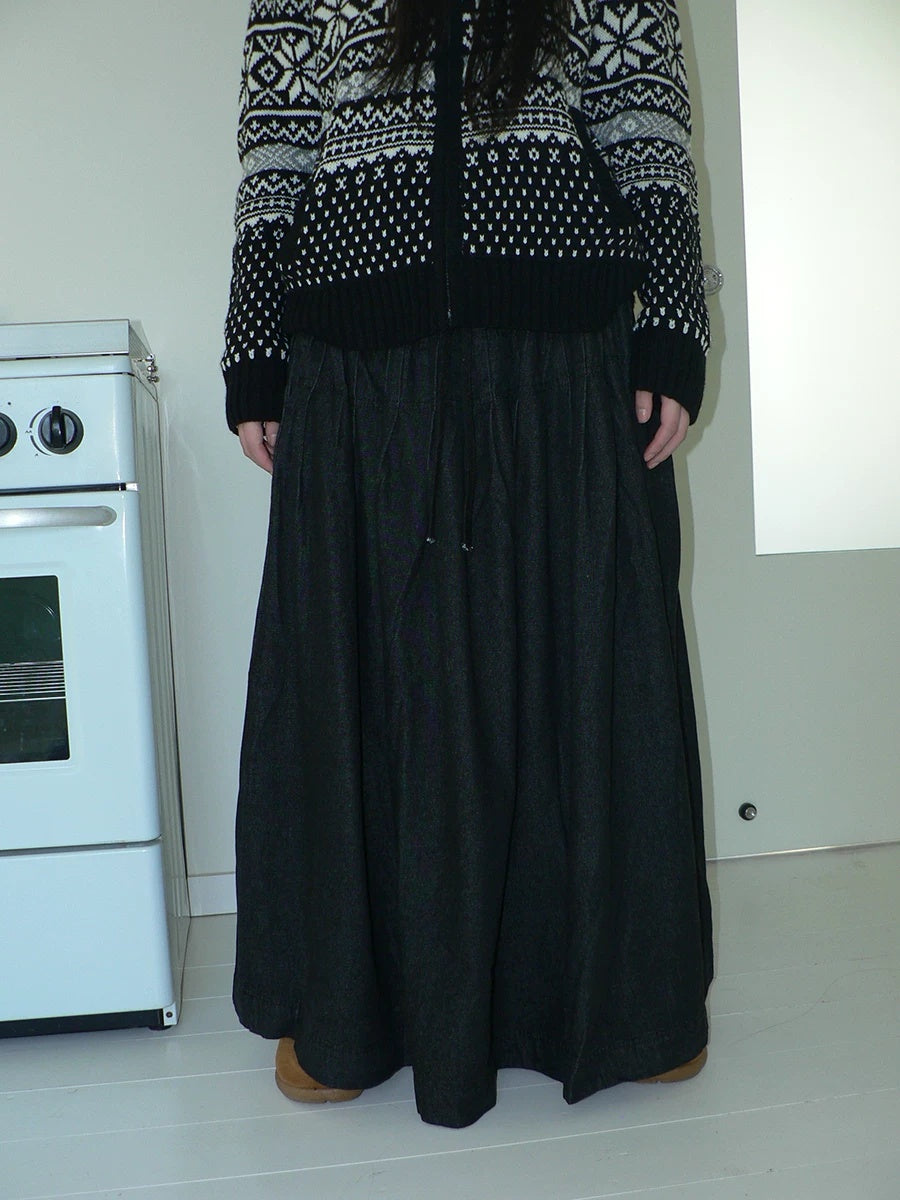 ang project Fleece Lined Cotton Vintage A Line Pleated Loose Women Casual Maxi Skirt