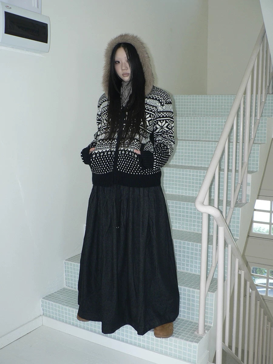 ang project Fleece Lined Cotton Vintage A Line Pleated Loose Women Casual Maxi Skirt