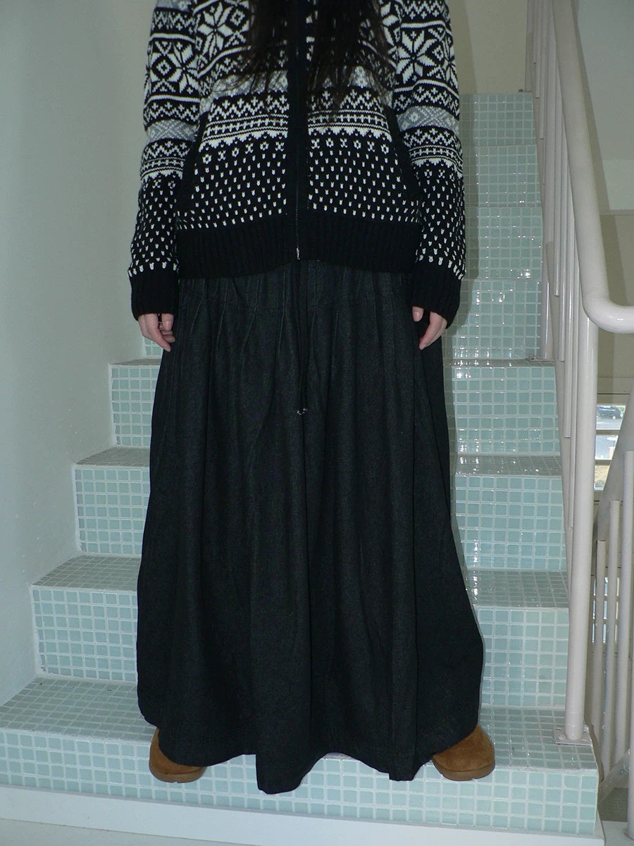 ang project Fleece Lined Cotton Vintage A Line Pleated Loose Women Casual Maxi Skirt