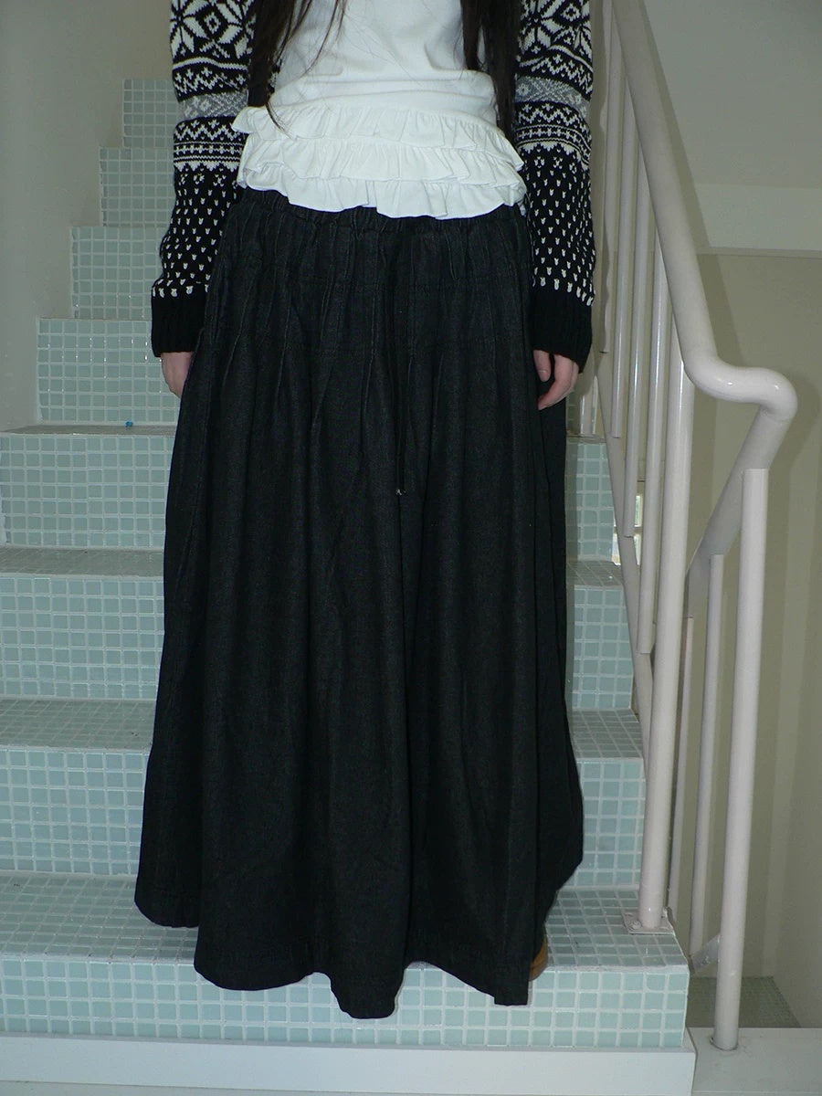 ang project Fleece Lined Cotton Vintage A Line Pleated Loose Women Casual Maxi Skirt