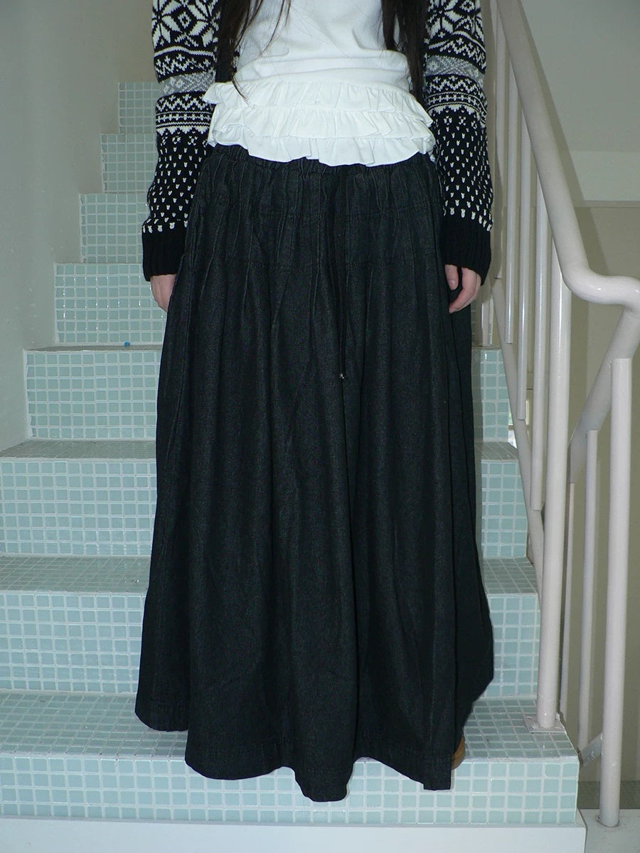 ang project Fleece Lined Cotton Vintage A Line Pleated Loose Women Casual Maxi Skirt