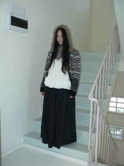 ang project Fleece Lined Cotton Vintage A Line Pleated Loose Women Casual Maxi Skirt