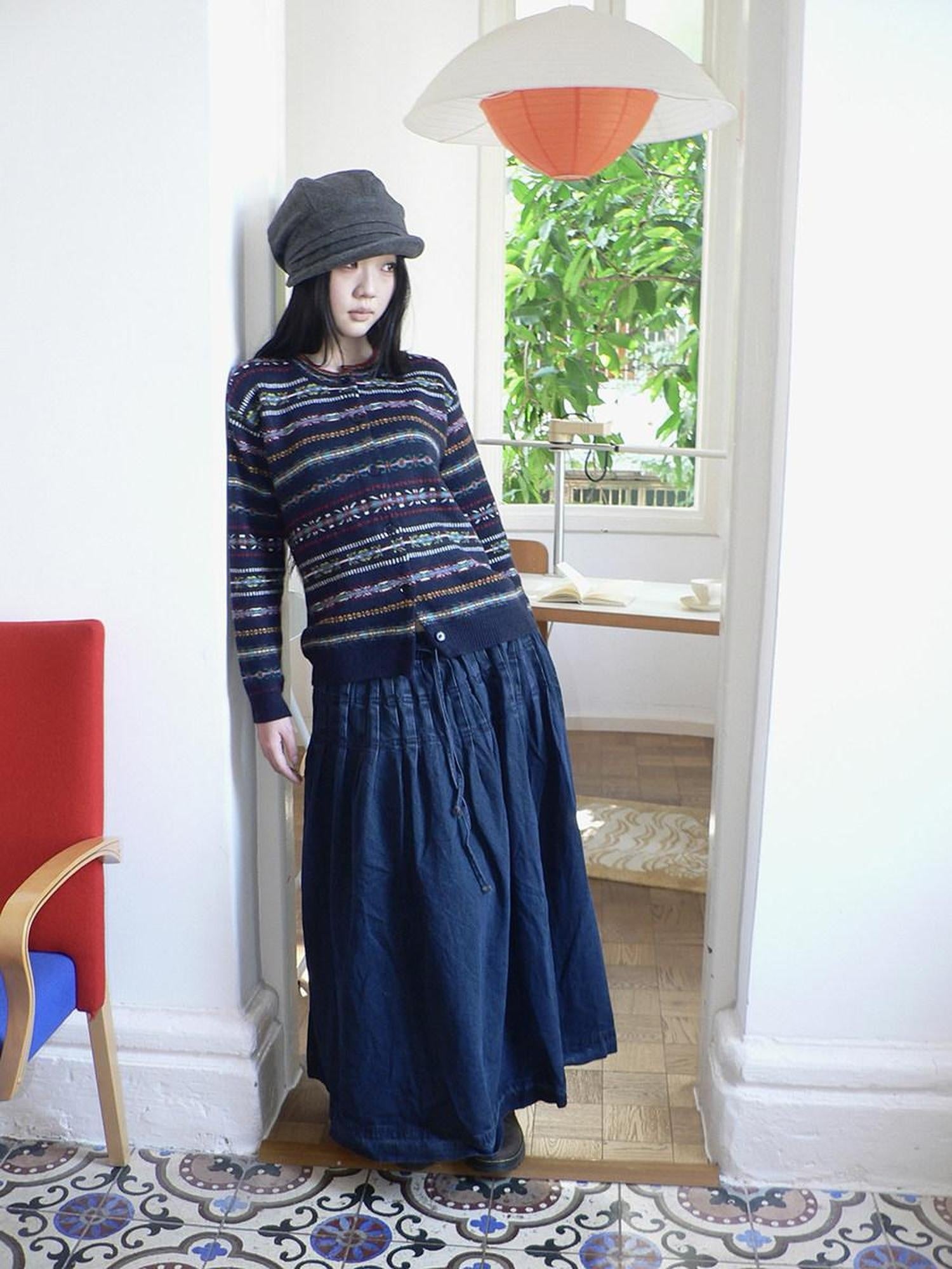 ang project Fleece Lined Cotton Vintage A Line Pleated Loose Women Casual Maxi Skirt