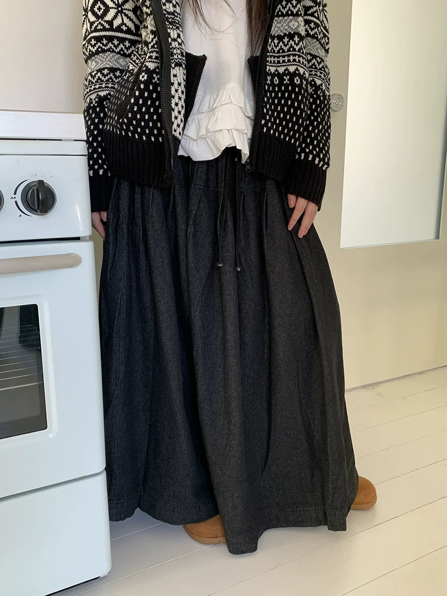 ang project Fleece Lined Cotton Vintage A Line Pleated Loose Women Casual Maxi Skirt