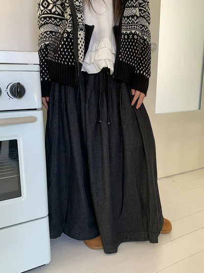 ang project Fleece Lined Cotton Vintage A Line Pleated Loose Women Casual Maxi Skirt