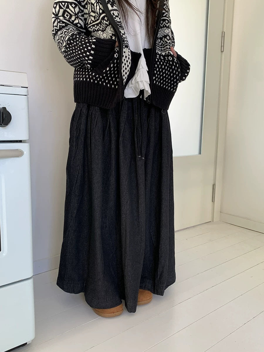 ang project Fleece Lined Cotton Vintage A Line Pleated Loose Women Casual Maxi Skirt