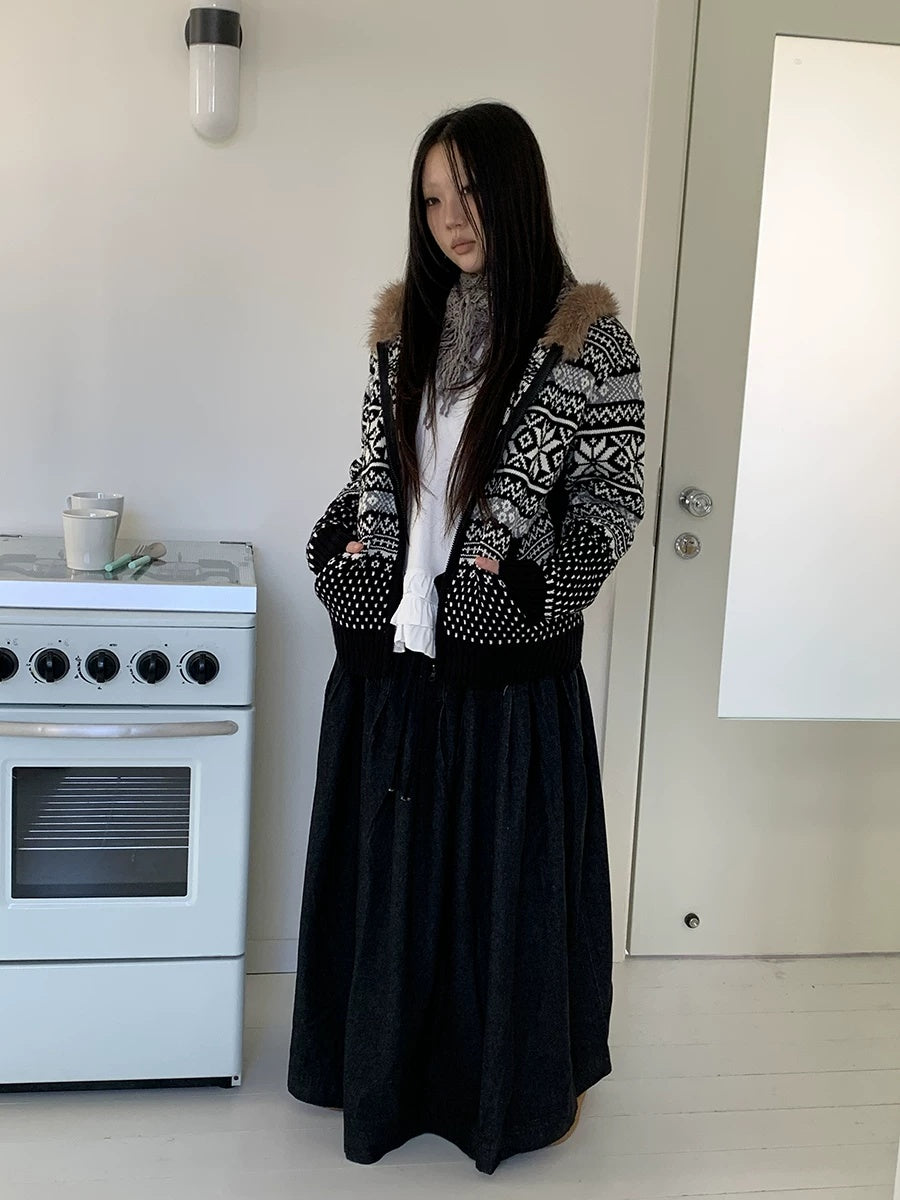 ang project Fleece Lined Cotton Vintage A Line Pleated Loose Women Casual Maxi Skirt